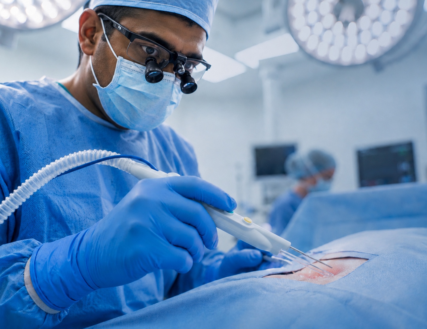 Surgeon using an electrosurgical device during a procedure