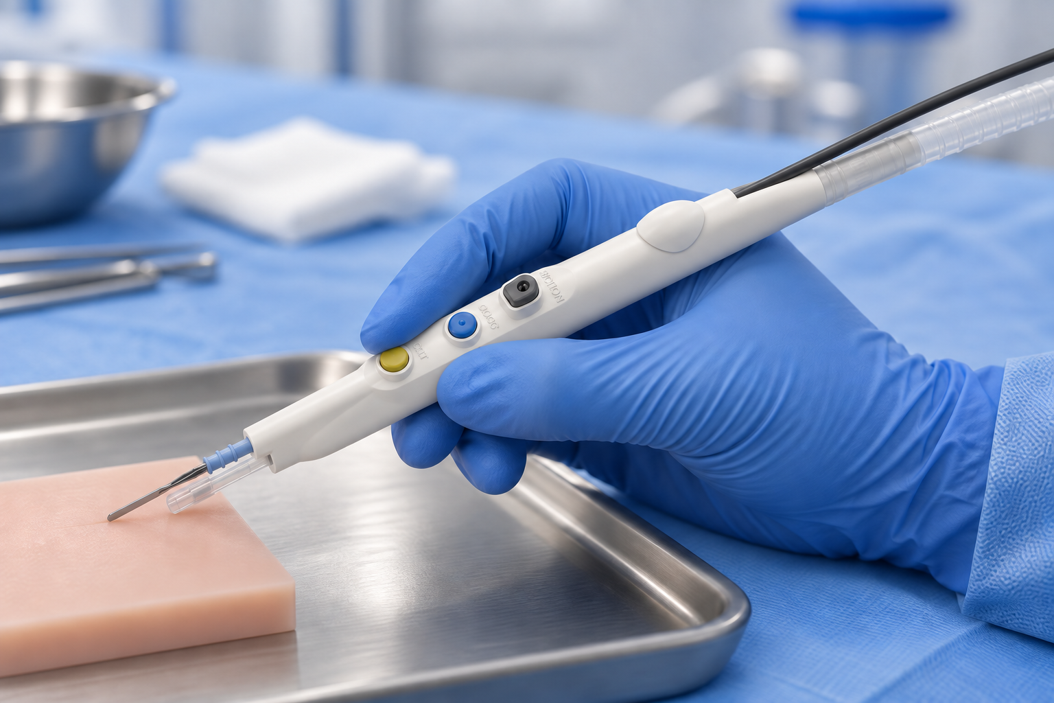 ClearCut device held in a gloved hand against a training pad